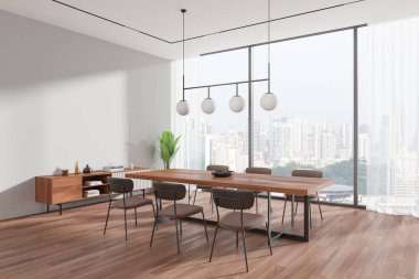 İçinde ahşap bir masa ve sandalyeler, kolye aydınlatması ve geniş pencerelerden şehir manzarası olan modern bir yemek odası. 3B Hazırlama