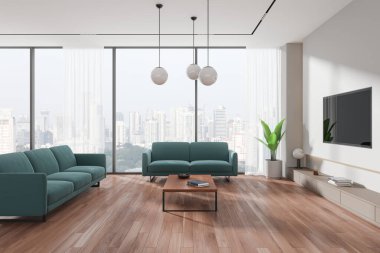 Şık bir ev oturma odası döşemesi, ahşap döşemeli kanepe, televizyon ekranı, büfe ve dekoratif kahve masası. Gökdelenlerin panoramik penceresiyle rahatlama alanı. 3B görüntüleme