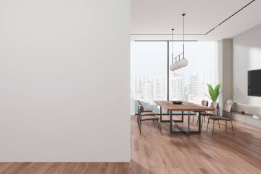 Beyaz ev mutfağı, masa, sandalye, ahşap döşeme. Şık bir yemek odası ya da televizyon ekranı ve bitkisi olan oturma odası. Gökdelenlerin panoramik penceresi. Boş duvar bölmesini düzenle. 3B görüntüleme