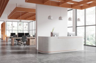 Resepsiyonla iş görüşmeleri, masa başında bilgisayar olan iş yerleri. Tropik bölgelerde panoramik pencere ile kayıt ve ortak çalışma alanı. 3B görüntüleme