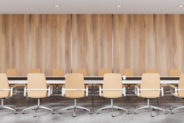 Minimalist beyaz ve ahşap toplantı odasının iç tarafında bej koltuklar ve beton zemin üzerinde uzun bir toplantı tahtası var. Boş duvarı kopyala. 3B görüntüleme