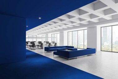 Ofisin iç tarafının köşesinde, masanın üstünde bilgisayar monitörleri, beton zeminde kanepesi olan oturma odası. Mavi ve beyaz ortak çalışma ve dinlenme alanı. Bangkok 'ta panoramik pencere. 3B görüntüleme