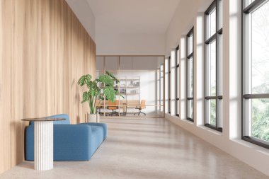 İçinde mavi bir kanepe, ahşap bir duvar, büyük pencereler ve parlak ışık altında saksı bitkisi olan modern ofis içi. 3B Hazırlama