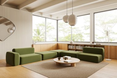 Ev oturma odasının köşesinde yeşil modüler kanepe, kitaplarla dolu raf. Tropik bölgelerde panoramik pencereli modern bir dairede toplantı ya da dinlenme alanı. 3B görüntüleme