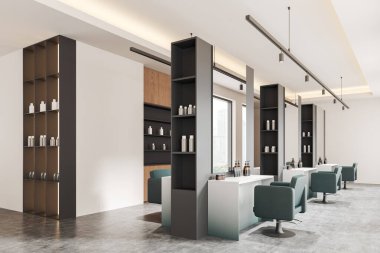 Kuaför salonunun iç manzarası. Sıraya dizilmiş dönen koltuklar. Beton zeminde kozmetik ürünleri olan ayna ve raf. Gökdelenlerin panoramik penceresi. 3B görüntüleme