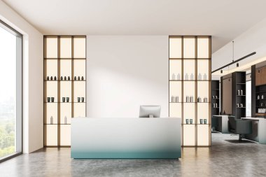 Minimalist tasarımı olan modern salon resepsiyon alanı, parlak ve temiz bir alanda şık bir tezgah ve ürün rafları içeriyor. 3B Hazırlama