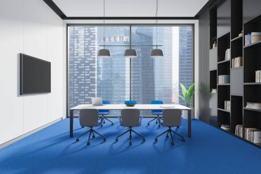 Şehir manzarası gösteren geniş pencereli modern ofis toplantı odası, mavi halı, beyaz masa ve sandalyeler. İş sahası kavramı. 3B Hazırlama