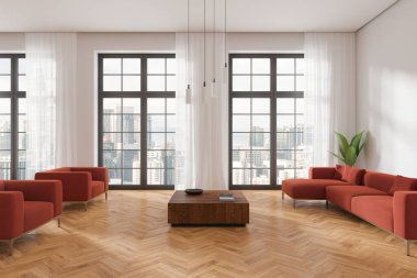 İçinde kırmızı kanepeler, ahşap kahve masası ve şehir manzaralı büyük pencereler olan modern oturma odası. Minimalist tasarım. Çağdaş iç mekan kavramı. 3B Hazırlama