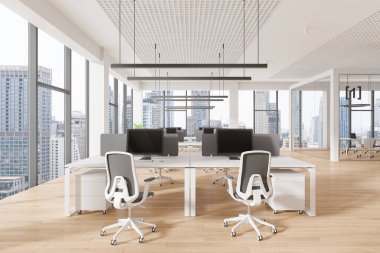 Geniş bir açık uzay ofisi, modern mobilyaları, büyük pencereleri olan şehir binaları, ahşap zemin, beyaz duvarlar, iş konsepti, 3D oluşturma