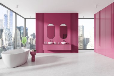 Pembe aksanlı geniş modern banyo iç tasarımı, serbest banyo küveti ve şehir manzaralı geniş pencereler, çağdaş tasarımı vurguluyor. 3B Hazırlama