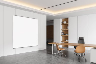 Ofisin içinde duvarda boş bir poster, masa ve sandalyeler de dahil olmak üzere minimalist tasarımı ve nötr tonları olan modern mobilyalar var. 3B Hazırlama