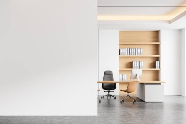 Model için solunda boş beyaz duvar bulunan modern ofis içi, temiz bir arkaplanda minimalist mobilyalar ve raflar bulunuyor. Çalışma alanı şablonu. 3B Hazırlama