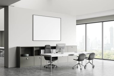 Ofis içi masası ve bilgisayar köşesi, Bangkok gökdelenlerinin panoramik penceresi. Teknoloji ve raflı Ceo çalışma alanı. Model uzay posteri. 3B görüntüleme