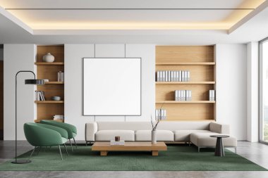 Şık bir ofis odası, dinlenme ya da bekleme alanı, iki yeşil koltuk ve halı üzerinde sehpa olan bir kanepe. Gökdelenlerin panoramik penceresi. Kare bir tuval posteri yap. 3B görüntüleme