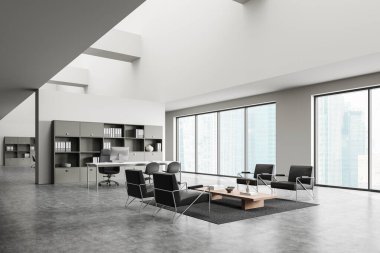 Ofis içi genel müdürlük masasının köşesinde bilgisayar ve sandalyeler, klasörlü raflar. Deri koltuklu oturma odası. Singapur gökdelenlerinin panoramik penceresi. 3B görüntüleme