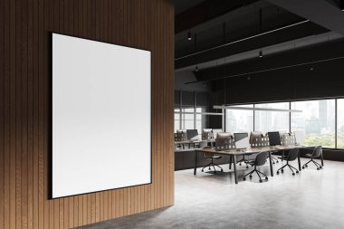 Çalışma odasının köşesindeki koltuklar ve masalar, beton zemin. Bangkok 'taki ahşap işyeri girişi ve panoramik pencere. Tuvalin posterini hazırla. 3B görüntüleme