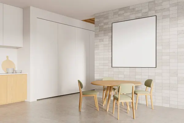 stock image Corner view of home kitchen interior with dinner table and chairs, concrete floor. Cooking and eating corner with cabinet and kitchenware. Mock up square canvas poster tile wall. 3D rendering