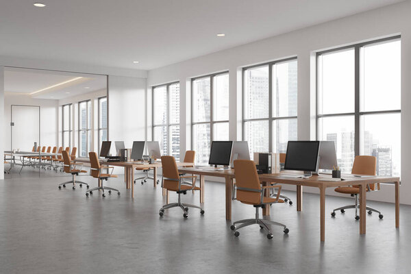 Corner view of business loft interior with coworking space, pc computers on table and armchairs in row. Meeting room and board. Panoramic window on Singapore skyscrapers. 3D rendering