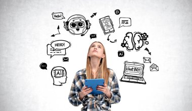 Tablet tutan bir kadın, yukarı bakıyor, Al ve Chatbot karalamalarıyla çevrili. Beyaz arka plan. Teknoloji kavramı ve yapay zeka etkileşimi