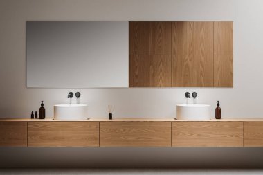 Minimalist otel banyosu, çift lavabo, aksesuarlı ve aynalı uzun ahşap tezgah. Modern çağdaş dairede banyo alanı. 3B görüntüleme
