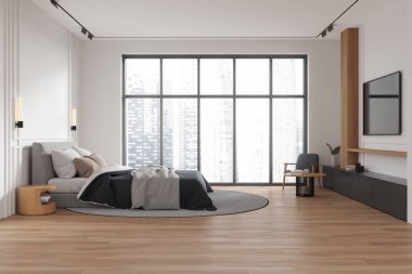 Beyaz ve ahşap bir otel odası, iç döşeme ve televizyon ekranı, ahşap zemininde büfesi olan koltuk. Singapur gökdelenlerinin panoramik penceresi. 3B görüntüleme