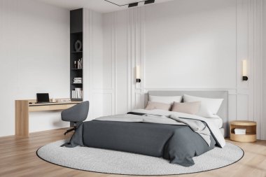 Klasik ev yatak odası manzarası yatak odası, çalışma masası, ahşap zemin. İş yeri ve uyku bölgesi. Modern dairede dekore edilmiş raflar. 3B görüntüleme