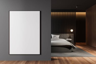 Lüks siyah yatak odası. Yatak odası, yatak odası, taş komodin, dekorasyon ve lambalar. Parke zeminde halı olan rahat bir uyku odası. Bölümdeki tuval posterini taklit et. 3B görüntüleme