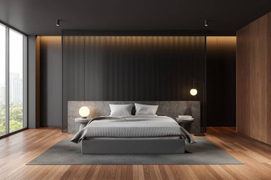 Gri yatağı, ahşap zemini ve şehir manzarası gösteren büyük pencereleri olan modern minimalist yatak odası. 3B Hazırlama