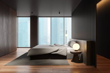 Siyah yatak odasının içi yatak odası, dekoratif komodinli, aksan duvarlı, bölmeli. Singapur gökdelenlerinde panoramik pencereli rahatlama alanı. 3B görüntüleme