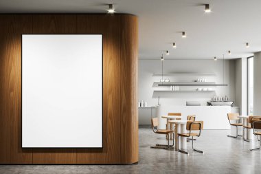 Modern bir kafenin içinde masa, sandalye ve raflarla dolu boş bir poster modeli. 3B Hazırlama