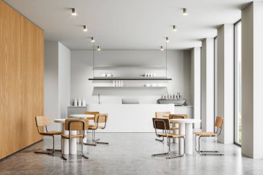 Ahşap sandalyeli, masalı, beyaz duvarlı ve büyük pencereli modern minimalist kafe. Çağdaş tasarım kavramı. 3B Hazırlama