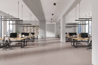 Minimalist ofis içi, sıralarda bilgisayar, beton zemin. Koridorla ortak çalışma alanı. Raflar ve dekorasyon, Bangkok gökdelenlerinin panoramik penceresi. 3B görüntüleme