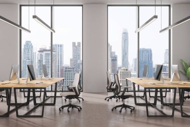 Beyaz ofis içi bilgisayar, sandalyeler ve paylaşılan masa, beton zemin. Bangkok gökdelenlerinde panoramik pencereli rahat bir çalışma alanı. 3B görüntüleme