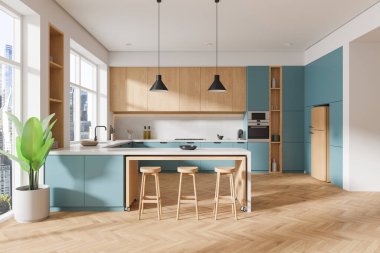 Ahşap dolaplar ve mavi aksanlı modern mutfak iç mimarisi, ahşap bir zeminde mutfak adası ve tabureler var. 3B Hazırlama