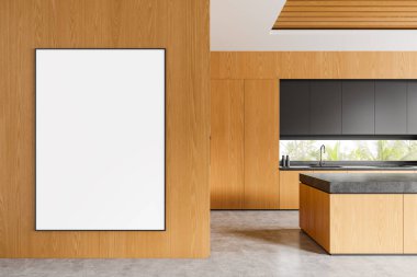 Ahşap ev mutfağı iç bar adası ve yemek dolabı, beton zemin. Tropik bölgelerde panoramik pencere. Bölümdeki tuval posterini taklit et. 3B görüntüleme