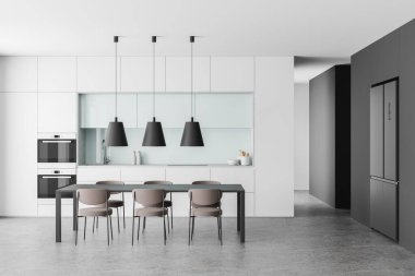 Yemek masası ve sandalyeli beyaz mutfak, mutfak gereçleri ve buzdolabı dolu beyaz dolap. Çağdaş bir dairede yemek pişirme ve yeme alanı. 3B görüntüleme