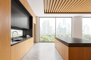 Ahşap mutfak iç mimarisi mutfak dolabı, bar adası, lavabo ve buzdolabı, gri beton zemin. Bangkok gökdelenlerinin panoramik penceresi. 3B görüntüleme