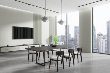 Minimalist mobilyaları olan modern konferans odası, şehrin manzarasını gösteren büyük pencereler. Çağdaş tasarım, parlak uzay. 3B Hazırlama