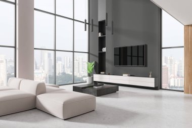 Geniş, modern oturma odası, büyük bir kanepe, kahve masası ve duvara monte edilmiş TV, büyük pencerelerden şehir manzarası manzarası, minimalist tasarım, ferah iç mekan, kentsel lüks kavramı. 3B Hazırlama