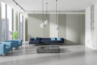 Şık bir oturma odası koltukları, koltukları, sehpası ve dekorasyonlu rafları var. Minimalist mobilyalarla dolu bir dinlenme alanı. Bangkok gökdelenlerinin panoramik penceresi. 3B görüntüleme