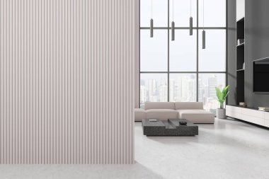 Boş dikey duvarlı, geniş pencereli, şehir manzaralı, minimalist dekorlu, iç tasarım konsepti olan modern, geniş bir oturma odası. 3B Hazırlama
