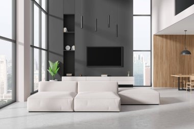 İki katlı oturma odasının içinde kanepe, çekmece ve televizyon var. Yemek masası, sandalyeler, beton zemin. Singapur gökdelenlerinin panoramik penceresi. 3B görüntüleme