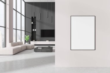 Şık bir oturma odası. Kanepe, televizyon ekranı ve sanat dekorasyonu olan bir raf. Singapur gökdelenlerinde rahatlama alanı ve panoramik pencere. Duvar bölmesindeki tuval posterini taklit et. 3B görüntüleme