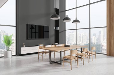 Modern yemek odası, ahşap mobilyalar, büyük pencereler, şehir manzarası ve gösterişli dekorlar. Beton zemin üzerinde minimalist tasarım. 3B Hazırlama