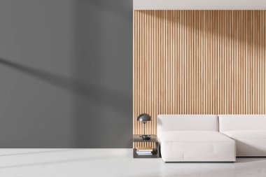 Oturma odasının içinde kanepe ve sehpa, minimalist dekorasyon ve beton zemin var. Kopya alanı boş duvarı olan salon alanı. 3B görüntüleme