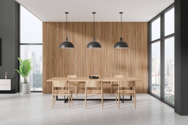 Ahşap masa, sandalyeler, kolye ışıkları ve şehir manzaralı büyük bir pencerenin olduğu modern yemek odası. Çağdaş iç mekan kavramı. 3B Hazırlama