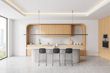 Ahşap dolaplar, gösterişli bir ada, minimalist tasarım, parlak ve temiz bir atmosfer içeren modern mutfak. 3B Hazırlama