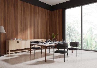 Ahşap oturma odası manzarası yemek masası ve sandalyeler, beton zemin süslemeli çekmece. Tropik bölgelerde panoramik pencere. 3B görüntüleme