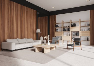 Ahşap duvarları, minimalist mobilyaları ve arka planda dekorla dolu rafları olan modern oturma odası. Çağdaş iç tasarım kavramı. 3B Hazırlama
