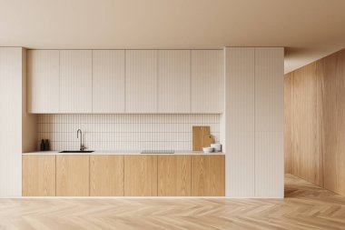 Bej ev mutfak dolabı, mutfak malzemeleri, ahşap döşeme. Lavabo ve elektrikli sobayla yemek pişirme alanı tasarımı. Modern dairede koridor. 3B görüntüleme